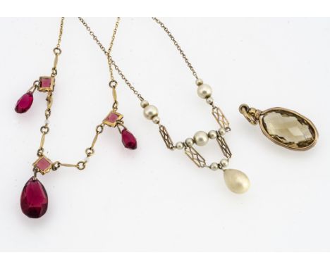 A citrine and 9ct gold multi faceted drop pendant, a 9ct gold red paste necklace, and a 9ct gold simulated pearl necklace (3)