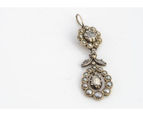 An 18th Century diamond and pearl earring, now converted to a pendant, the faceted foil backed diamonds of rough cut in oval 