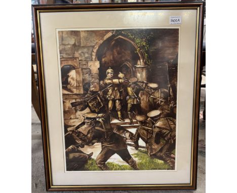 A framed &amp; glazed watercolour featuring a WW1 battle scene between German &amp; British troops by J.Tyres 2003
