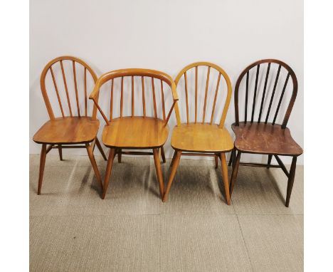 Three Ercol chairs, a further similar elbow chair, tallest H. 88cm. together with a bentwood chair, yellow painted chair, two