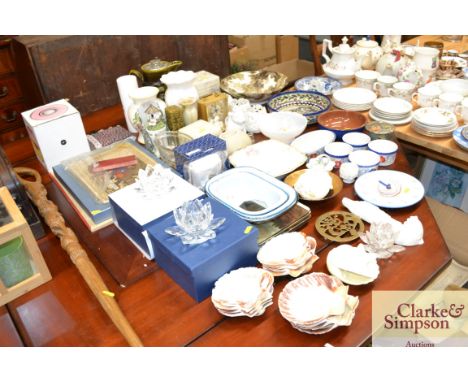 A large quantity of various sundry glass and china etc. to include shells, candles, H. Samuel mantel clock, vases, onyx type 