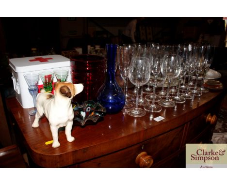 A quantity of various glassware; a dog ornament; First Aid tin; glass lens etc.