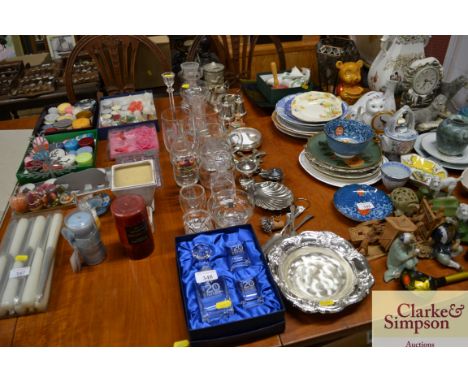 A quantity of various glass and metalware to include small bottle ad stopper, cut glass candlestick, money box, WMF dish etc.