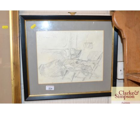 An indistinctly signed sketch depicting a relaxing figure 