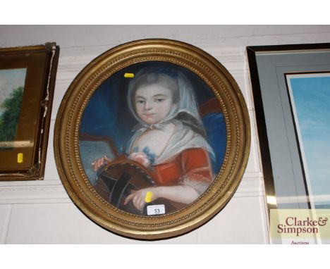 19th Century oil / pastel portrait study, contained in oval gilt frame 