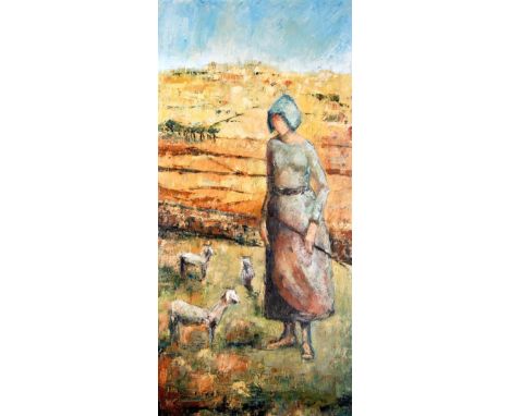 BETTY LEUW GREEN (1918 - 2014)  TWO OIL PAINTINGS  One on canvas - 'Maltese Goat Girl'  35" x 17 1/2" (89 x 44.5cm)  One on b