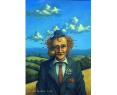 MICHAEL GIDDINS OIL PAINTING ON BOARD Half length surrealist portrait of a clown-like figure, with landscape background Signe