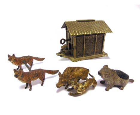 ASSORTED METAL ANIMAL FIGURINES  late 19th / early 20th century, comprising a cold painted bronze dog attacking a boar, 7cm l