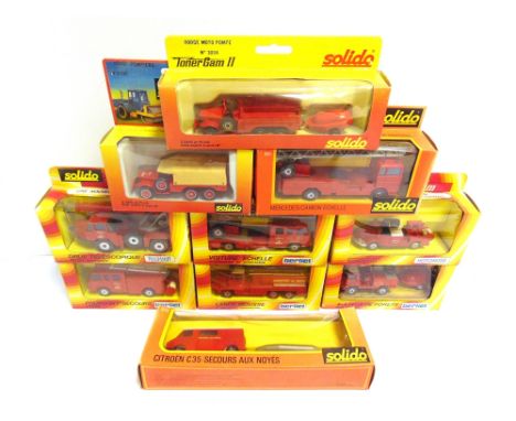 TEN SOLIDO DIECAST MODEL FIRE SERVICE VEHICLES  each mint or near mint and boxed (unchecked for self-fit and detail parts and
