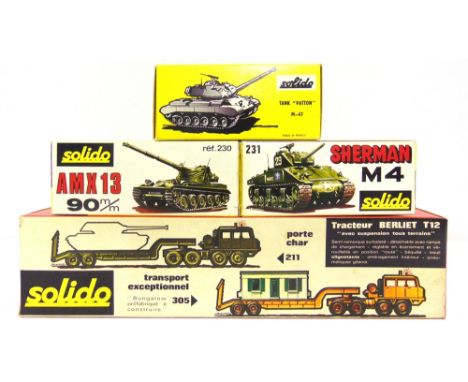 FOUR SOLIDO DIECAST MILITARY VEHICLES  comprising a No.211, Berliet T12 Tank Transporter; No.202, Patton M47 Tank; No.230, AM