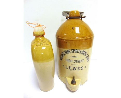A STONEWARE FLASK  of narrow, flat-sided form, impressed 'WEBB'S HOTEL / LIMITED / LISKEARD', 26.5cm high; together with a st
