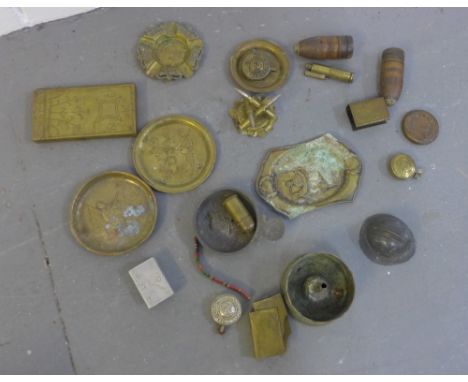 Carton containing miscellaneous brass, trench art and other items to include ashtrays, cigarette case, vesta's etc., (a lot) 