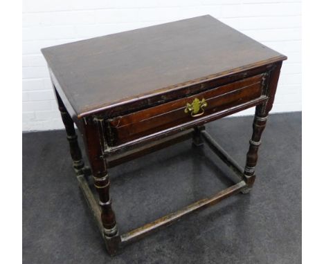 18th century dark oak lowboy side table, likely with a later top,  with a single frieze drawer and turned supports 76 x 78cm