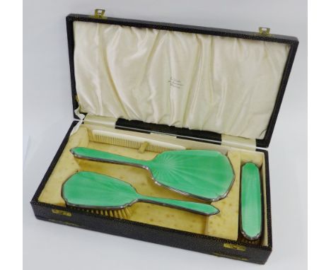 Art Deco silver plated and green enamel dressing table brush set comprising hairbrush, hand mirror, clothes brush and comb, i