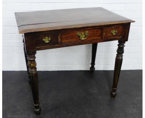 Dark oak side  table, the rectangular top above three frieze drawers with brass handles, raised on turned column legs, 72 x 8