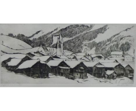 Herbert Danler 'Serfaws in Winter'  Etching,  signed in pencil, in a glazed frame, 34 x 15cm