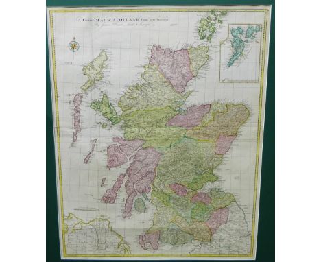 Correct Map of Scotland from New Survey's by James Dorret, Land Surveyor, hand coloured, in a mount but unframed, 62 x 78cm