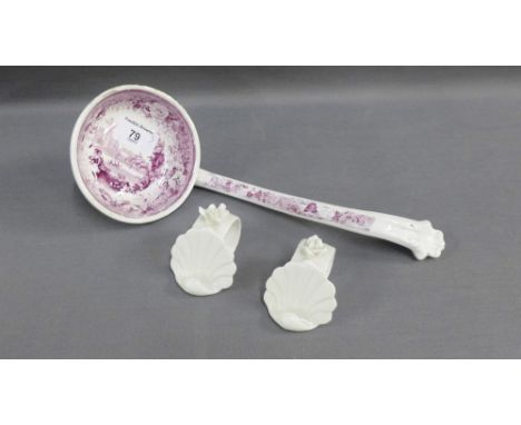 Staffordshire pottery transfer printed ladle in puce and white together with a pair of white glazed porcelain napkin rings (3