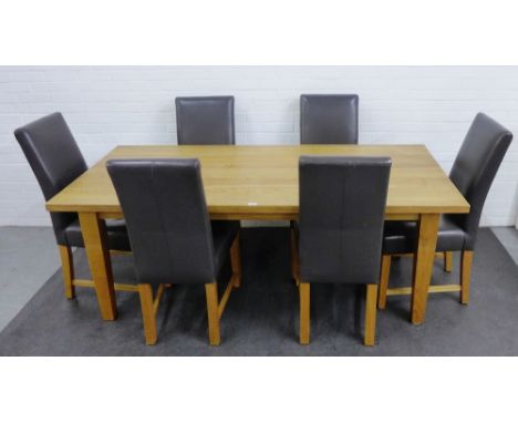 Modern light oak dining table and six chairs, with two extra leaves, 76 x 200cm 