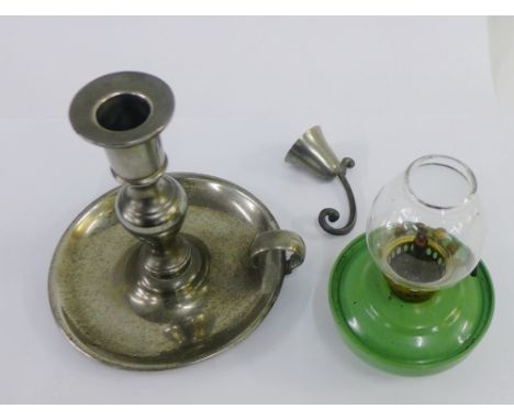 Miniature paraffin lamp, 13cm high together with a pewter candle stick and snuffer (2) 