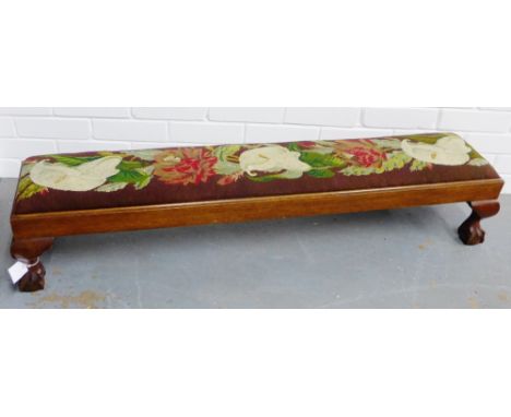 Long mahogany footstool with floral tapestry style  top and  cabriole legs, 125 x 25cm 