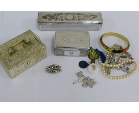 Two glass dressing table boxes with white metal covers together with a small box containing costume jewellery (a lot) 