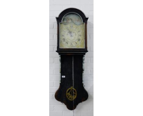 Continental wall clock, the arched top over a painted dial with Roman numerals, the trunk with pierced side frets and an oval