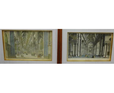 Two coloured engraved prints to include 'Interior of St. Paul's' and 'Westminster Abbey', in glazed frames, 40 x 26cm, (2) 