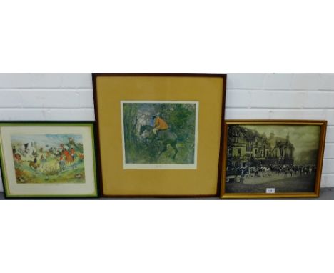 After Munnings 'The Gap', framed coloured hunting print, together with two others to include a black and white photographic o