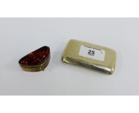 Birmingham silver cigarette case and a Continental silver and amber mounted pill box (2) 