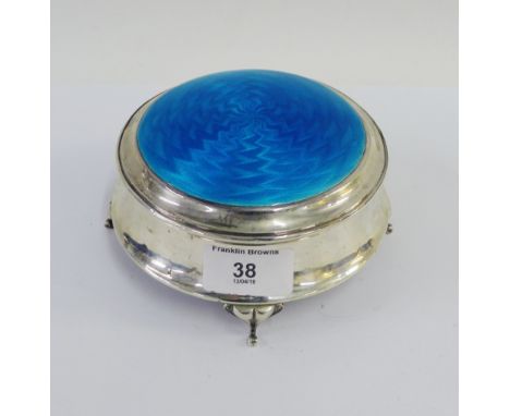 Art Nouveau silver and blue enamel box and cover with makers mark for Henry Clifford Davis, Chester 1913,13.5cm diameter 