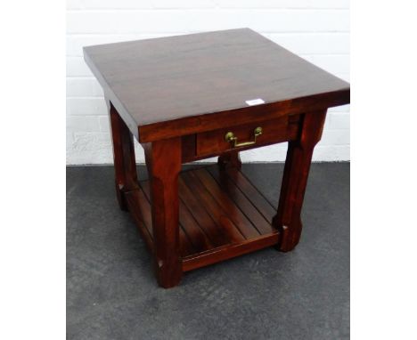 Contemporary stained hardwood side / lamp table, with a  single frieze drawer and slatted undertier, 56 x 56cm