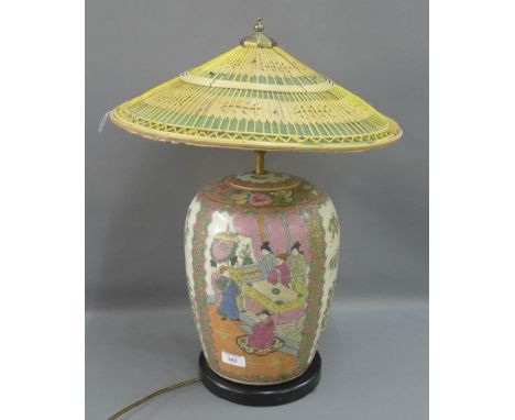 Chinoiserie table lamp base and shade on circular plinth base