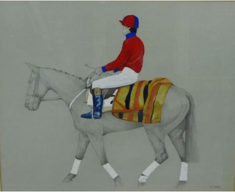 R. Louden  'Racehorse &amp; Jockey' Mixed media, signed in a glazed frame, 55 x 45cm 