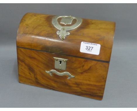 Walnut and Epns mounted tea caddy, the domed top opening to reveal two divisions, complete with lids and remnants of the lead