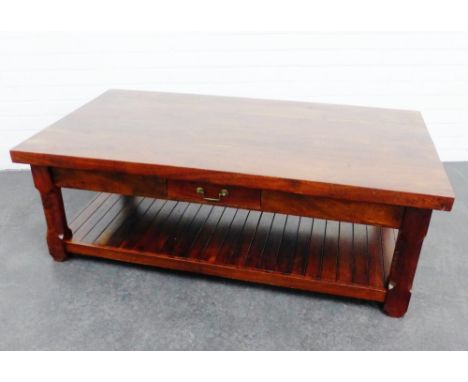 Contemporary stained hardwood coffee table, with a slatted undertier 135 x 75cm 