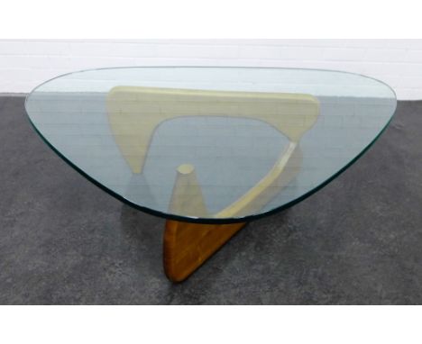 Contemporary Isamu Noguchi coffee table, with a floating glass top on crossed wooden supports, 91 x 130cm