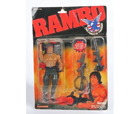 Rambo The Force of Freedom action figure by Coleco&nbsp;(no. 0801), sealed with accessories including the Spring-Loaded Battl