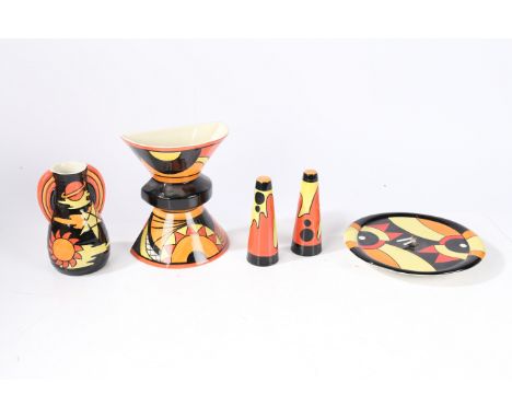 Lorna Bailey Ceramics. A collection of Lorna Bailey Ceramics in various patterns to include a "Flapper" vase, "Lava" salt and