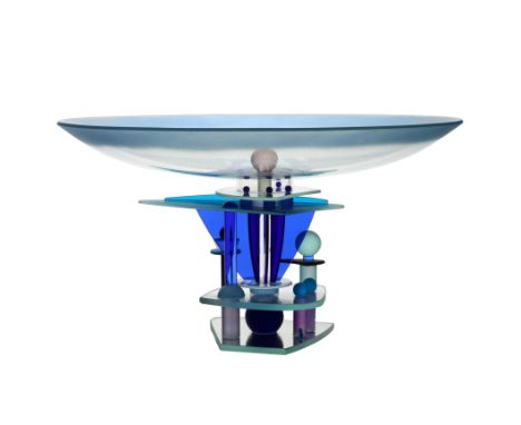 A post modernist Murano glass table centre piece, circa 1985, architectural form with a wide blue dish above a stepped panell