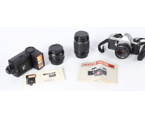 Pentax ME Super camera body with manual, SMC Pentax-M 1:1.7 50mm lens, Takumar (Bayonet) 1:2.5 135mm lens, Vivitar 24mm 1:2 M