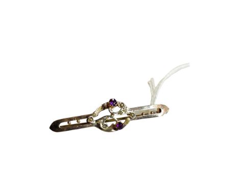 ANTIQUE 9 CARAT GOLD AMETHYST &amp; SEED PEARL BROOCH 