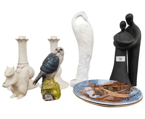PAIR OF BELLEEK CANDLESTICKS, ROYAL DOULTON FAMILY GROUP, ROYAL DOULTON FLAMINGO, LENOX SQUIRREL &amp; 2 COLLECTORS PLATES 
