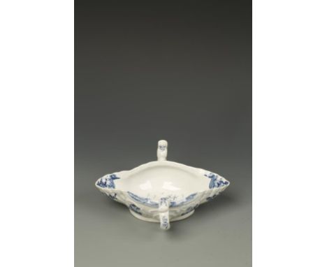 A WORCESTER BLUE AND WHITE PORCELAIN SAUCE BOAT, double lipped with two handles, 'Landscape' pattern, worker's mark on unders