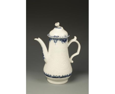 A WORCESTER BLUE AND WHITE PORCELAIN COFFEE POT AND COVER, the flowerhead and leaf-moulded ground within blue leaf and dash b