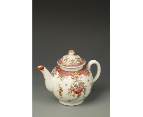 A LOWESTOFT PORCELAIN TEAPOT AND COVER with polychrome painted floral sprays, possibly by Thomas Curtis, 18th century, with c