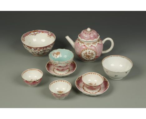 A CHINESE FAMILLE ROSE LOTUS-FORM PART TEA SET and two bowls, Qianlong, the teapot 7" long (9)