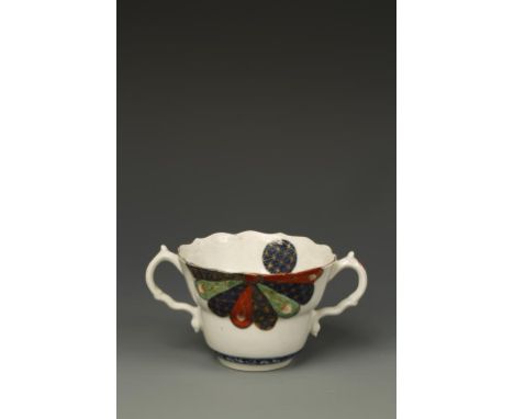 A WORCESTER PORCELAIN CHOCOLATE CUP, 'Old Japan Fan' pattern, painted in polychrome with a blue and white border, pseudo Chin