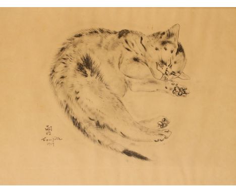 A JAPANESE ETCHING OF A SLEEPING CAT, by Tsugouharu Foujita, signed and dated 1929, 7.75" x 10" (plate size)