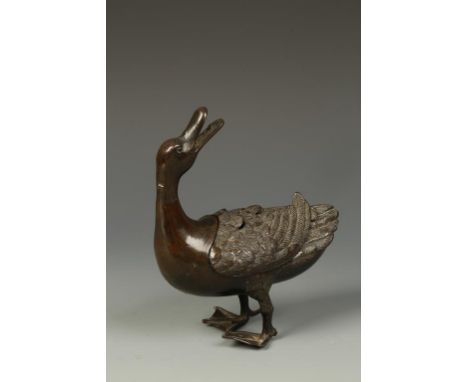 A CHINESE BRONZE DUCK CENSER, the head turned backwards, Qing, 18th/19thC, 6" long